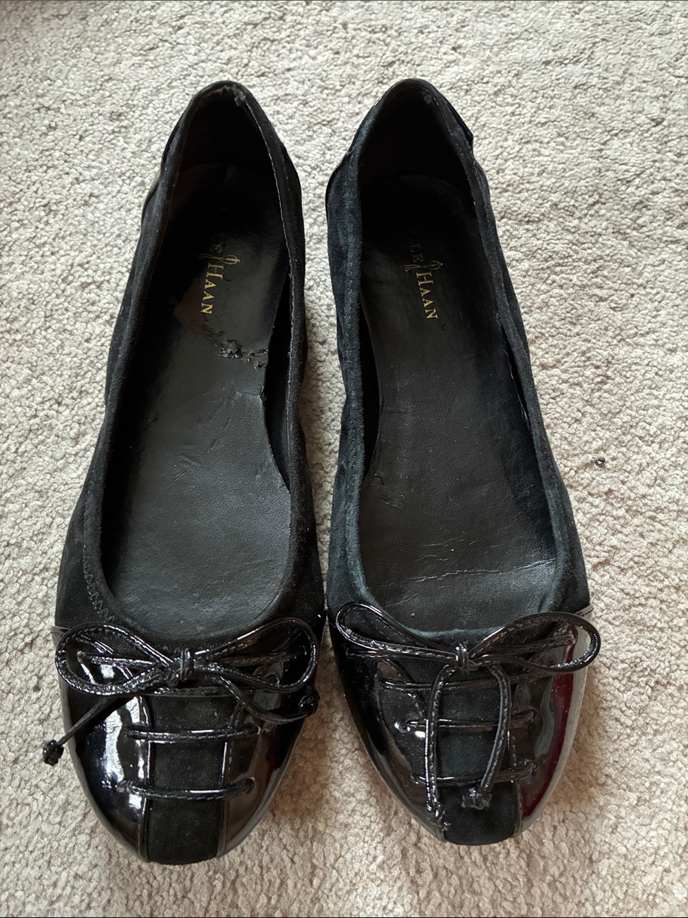 Cole Haan Black Patent & Suede Bow Toe Flats